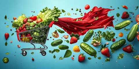 Shopping cart overflowing with fresh produce, trailed by a red cloak, on a bright blue background
