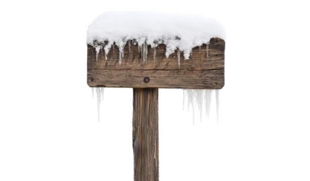 rustic wooden sign board covered with snow and icicles isolated on white or transparent png