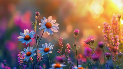Bright Wildflowers Blooming in Sunlight During Spring Morning in a Flower Garden
