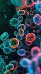 Vividly colored microscopic cells in motion