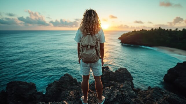 A figure stands by the ocean, bathed in the glow of sunrise, embodying hope and new beginnings, with the vast sea offering endless possibilities and inspiration.