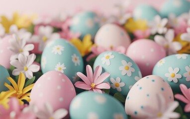 Fototapeta premium Easter egg garden, pastelpainted eggs scattered among blooming flowers, sunny spring setting, 3D illustration