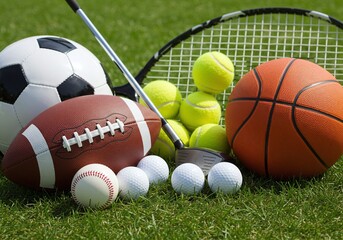 Sports Equipment on Green Field: A vibrant composition showcasing a variety of sports equipment artfully arranged on a lush, green field.