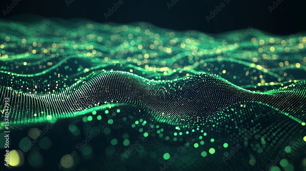 Poster a futuristic green background with abstract elements, featuring a large-scale data visualization and