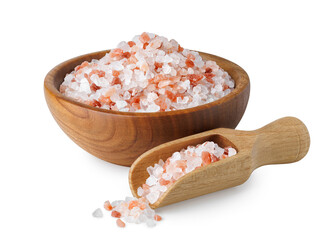 Himalayan salt in wooden bowl and scoop isolated on white background