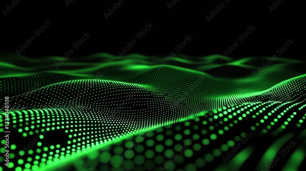 Poster in this 3d rendering, a futuristic green background serves as the setting for a dynamic digital wave