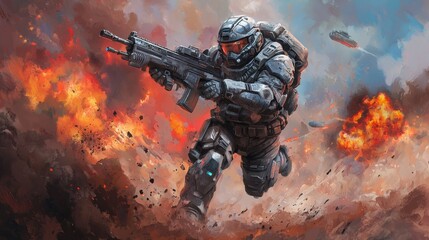 Illustration painting in digital art style showing a futuristic soldier sprinting away from an enormous explosion