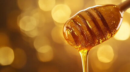 Close-up of honey dripping from a wooden dipper