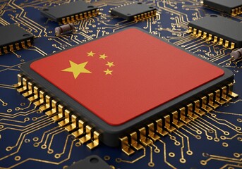 Digital China: A processor chip adorned with the China flag on top of a circuit board, representing the technological advancements and digital presence.