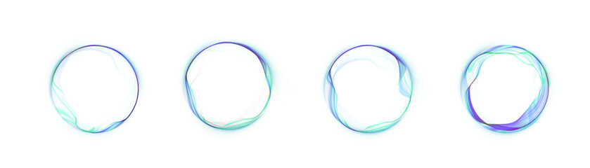 Set of abstract glowing round frames with smooth wavy lines in green and purple tones on a white background. Perfect for user interface elements, digital interfaces or futuristic design accents. 