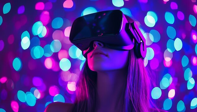 Uma jovem mulher moderna est&aacute; usando &oacute;culos de realidade virtual
