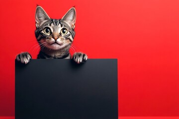 Cat model for ad. Isolated cat on a solid clothing red background. Cute feline banner. &ETH;&iexcl;ute adult cat egyptian mau hold in front paws a layout - large dark black drive sign. Cat in marketing.