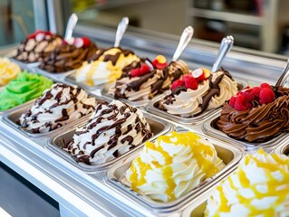 Colorful frozen yogurt bar with toppings like fruit chocolate and granola placed in bright trays showing dessert food concept in modern culinary frozen snack photography
