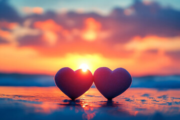 Two hearts against beautiful sunset. Love and unity concept 