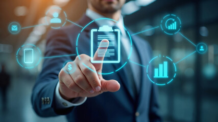 Businessman interacting with holographic data analytics dashboard displaying metrics and financial insights. Technology and cybersecurity.