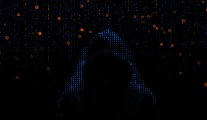 A hooded hacker s silhouette with glasses, set against binary code displayed on a monitor a striking vector illustration of cyber threats.