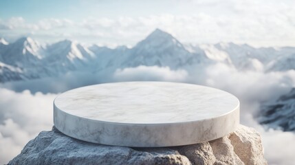 Naklejka premium A stone round podium with a white cloud background for product presentation, a cosmetic product display mock-up, an abstract stand on a mountain top, high-resolution photography