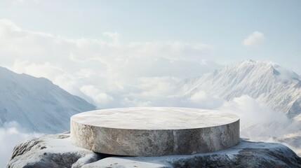 A stone round podium with a white cloud background for product presentation, a cosmetic product display mock-up, an abstract stand on a mountain top, high-resolution photography
