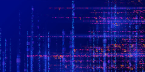 Futuristic digital design with illuminated square patterns and glowing particles. Abstract concept featuring square elements on a dark blue background. Innovative layout for modern visuals.