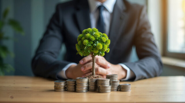 Growing Wealth: A Small Tree Planted on a Stack of Coins with a Businessperson in Background