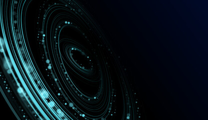 Visualization of big data with swirling circular particles forming vortex trails. Infographic design with futuristic elements for science or finance. Abstract data flowing across a complex background