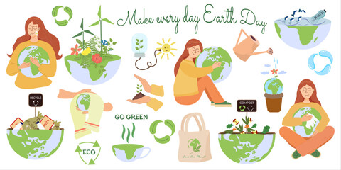 An ecology themed illustration set promoting sustainability, recycling and environmental awareness. Contains elements of green energy, waste reduction and nature protection. Perfect for campaigns, edu