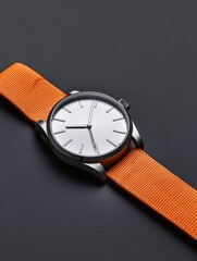 Close-up of a wristwatch with an orange strap. the watch has a round, silver-colored case and a white dial with black hour markers. the hands of the watch are silver and the hour markers are black.