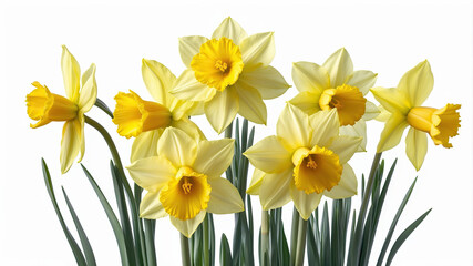 Obraz premium Bright yellow daffodils arranged beautifully on a white background showcasing spring's blooming flowers