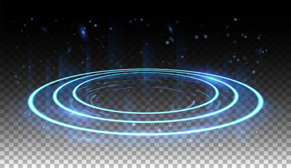 Fototapeta premium Radiant blue light trail forming three glowing neon circles. Sparkling rings with magical glitter effects. Transparent background design with bokeh shimmer and dynamic flying light flashes