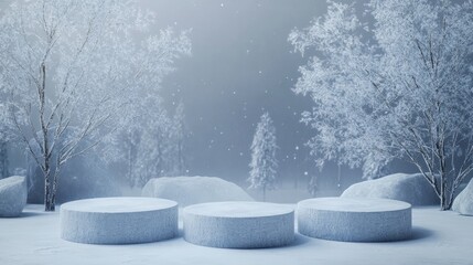 winter themed background, minimalistic, three podiums in the shot, photorealistic, ultrarealistic, cold vibe 