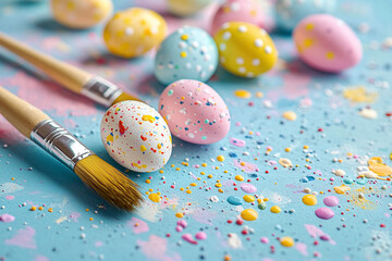 Paint-splattered table with brushes and Easter eggs, pastel palette highlights colorful spring celebration