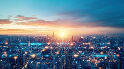 Fototapeta premium A futuristic metropolis at twilight is set ablaze by radiant neon lights that signify the uninterrupted flow of data and electricity, infusing the skyline with a vibrant digital essence
