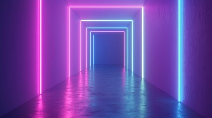 Fototapeta premium A futuristic ambiance is created in the tunnel by the use of pink and blue neon illumination