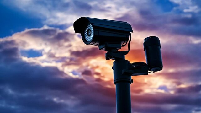 Security camera monitors surroundings during twilight in urban setting with dramatic cloud formations