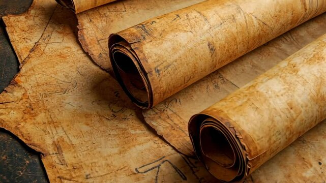 Ancient scrolls lie on a table showcasing intricate details and historical significance in dim light