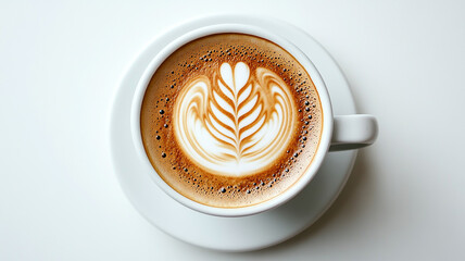 A cup of coffee with latte art and_a_white background