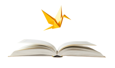 Paper Crane Flying Out of an Open Book Symbolizing Imagination and Freedom Isolate on Transparent Background, cutout, png