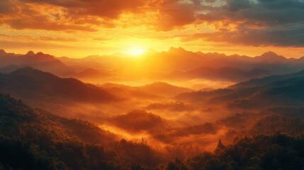 Fototapeta premium Majestic Sunrise over Misty Mountain Ranges Golden Hour Landscape Photography