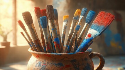 Fototapeta premium Paintbrushes assorted stand upright artistically inside painted pot on surface against soft background for creative projects