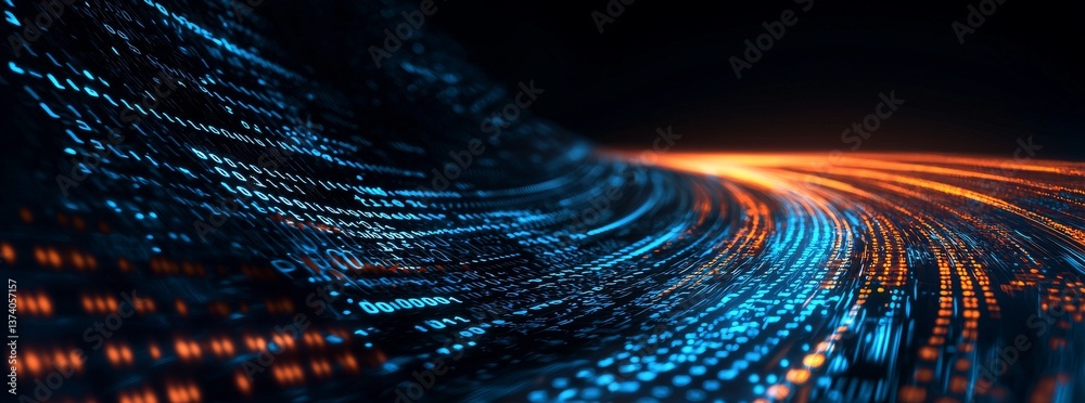 Poster the concept of a futuristic digital bridge, made up of binary code, embodies the idea of data being 