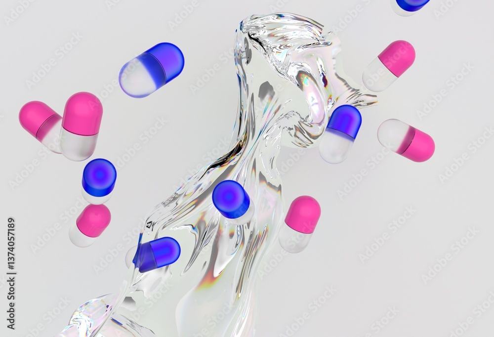 Poster pink and blue capsules floating above a reflective, fluid-like surface against a light background, c