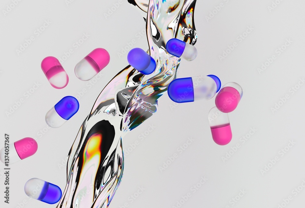 Poster pink and blue capsules floating above a reflective, fluid-like surface against a light background, c
