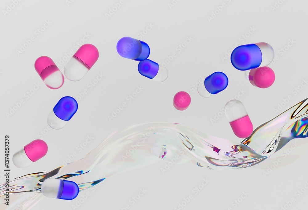 Poster Pink and blue capsules floating above a reflective, fluid-like surface against a light background, creating a dynamic and futuristic digital scene.