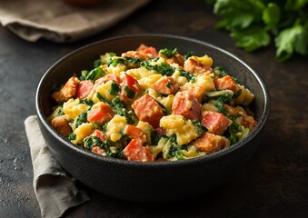 Savory Egg Dish with Greens on Dark Table