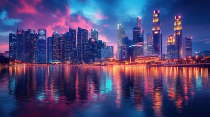 Obraz premium Stunning Night Skyline of Modern City Vibrant Colors Water Reflection Cityscape Architecture