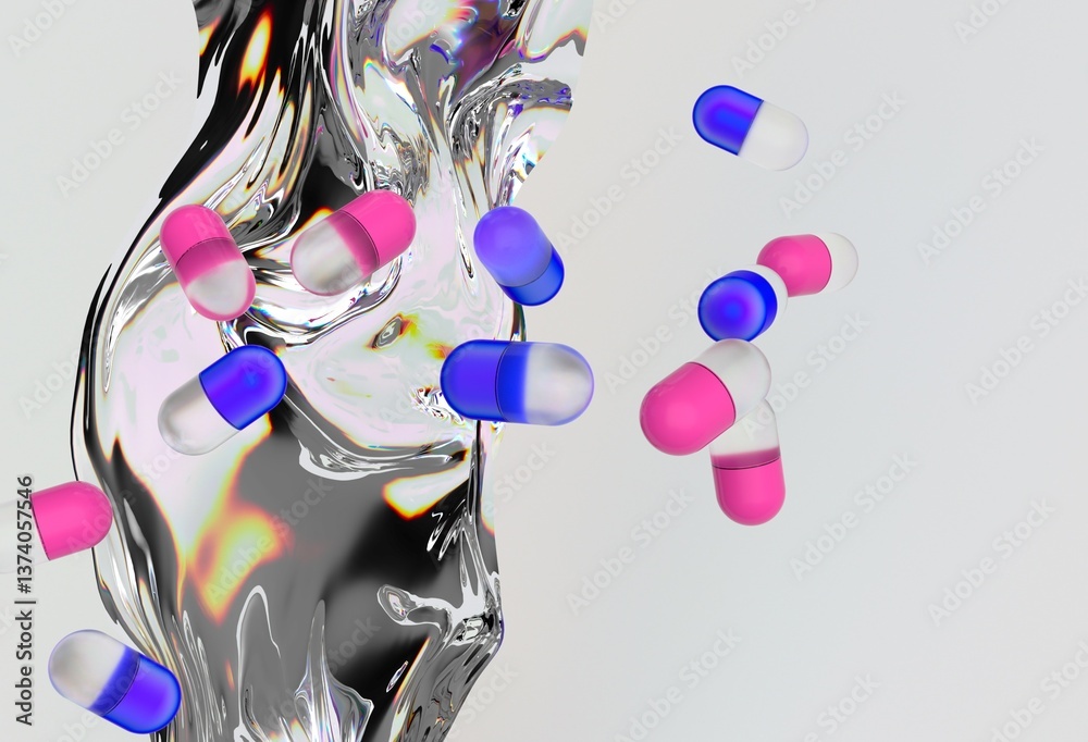 Leinwandbilder pink and blue capsules floating above a reflective, fluid-like surface against a light background, c