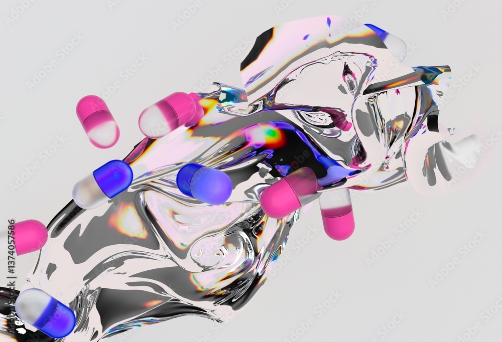 Poster pink and blue capsules floating above a reflective, fluid-like surface against a light background, c