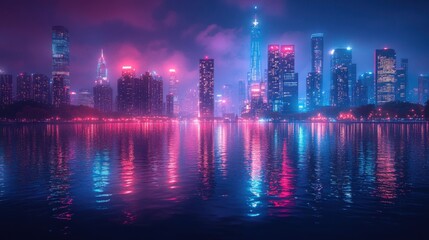 Fototapeta premium Vibrant Neon Cityscape Reflection at Night Modern Urban Skyline Pink and Blue Lights