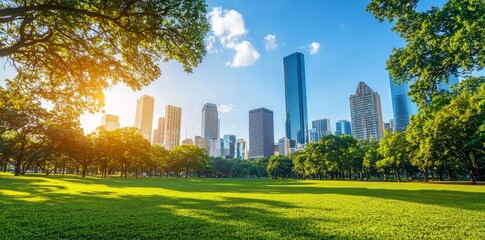 Fototapeta premium Lush green surroundings, modern buildings, and trees come together to form a cityscape that is quintessentially green, urban, sustainable, and eco-friendly