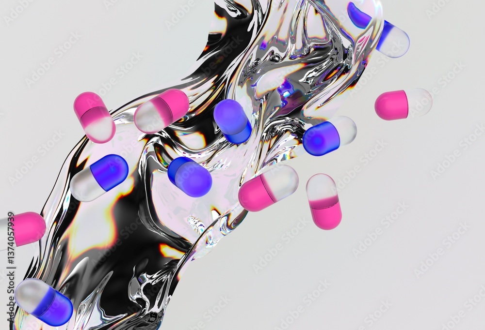 Aufkleber Pink and blue capsules floating above a reflective, fluid-like surface against a light background, creating a dynamic and futuristic digital scene.